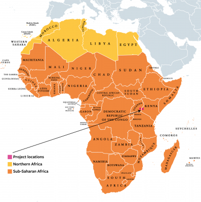 Map of Africa showing the Sub-Sahara region and the project sites in Uganda and Kenya.