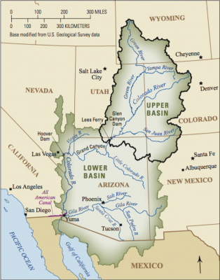 Map showing the Colorado Basin and the locations it is part of: Wyoming, Utah, Nevada, California, Mexico, Arizona, New Mexico, Colorado.