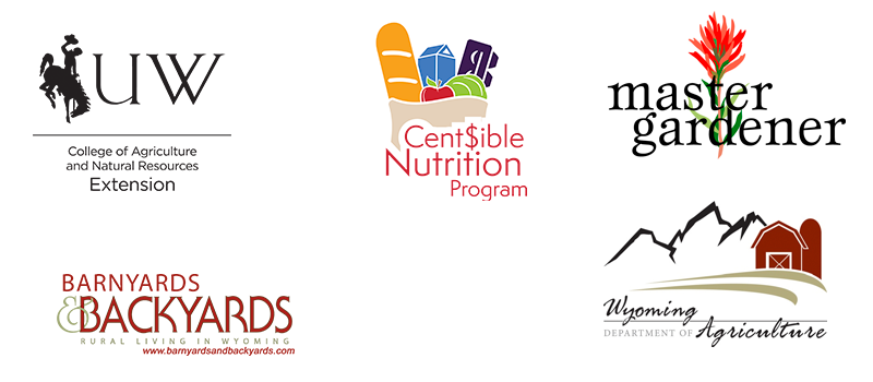 Logos of UW Extension, Cent$ible Nutrition Program, Master Gardener program, Barnyards & Backyards magazine, and Wyoming Department of Agriculture