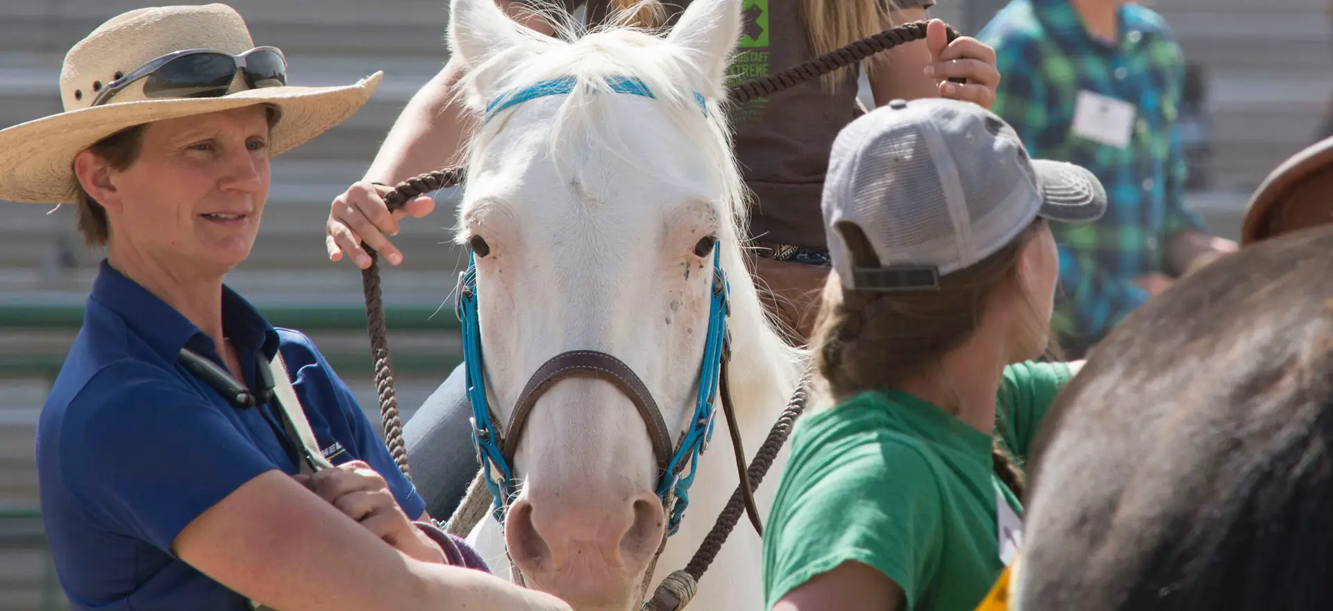 Person in blue shirt and straw hat watching youth ride a white horse.