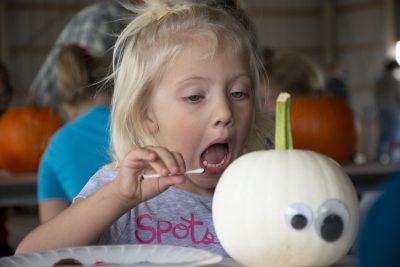 Young girl painting pumpkin