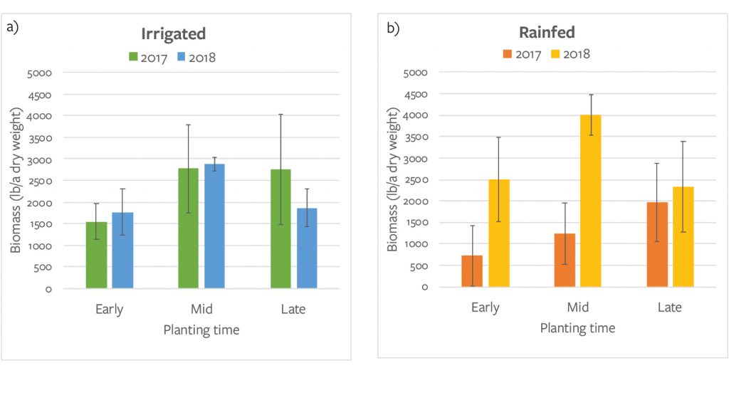 Left bar graph compares biomass and planting times for irrigated fields. Right bar graph compares biomass and planting times for rainfed plots.