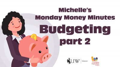 Cartoon Michelle holding oversized piggy bank
