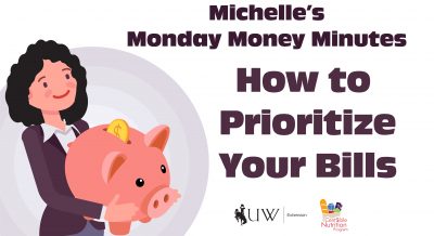 How to prioritize your bills with Michelle holding an oversized piggy bank.