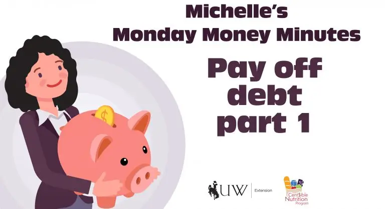 How to pay off debt with Michelle holding an oversized piggy bank.