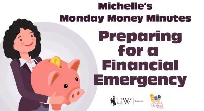 Preparing for a financial emergency. Michelle holding an oversized piggy bank.