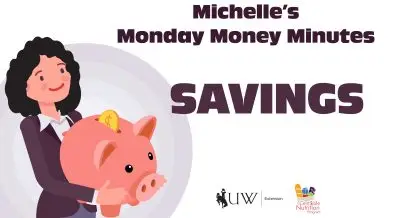 Savings with Michelle holding an oversized piggy bank