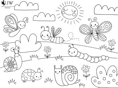 coloring page with happy insects