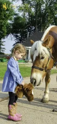 Little girl in pigtails showing Pistol her stick horse.