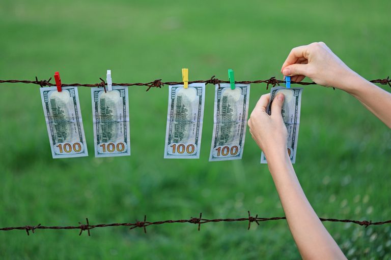 Money hanging on barbed wire fence