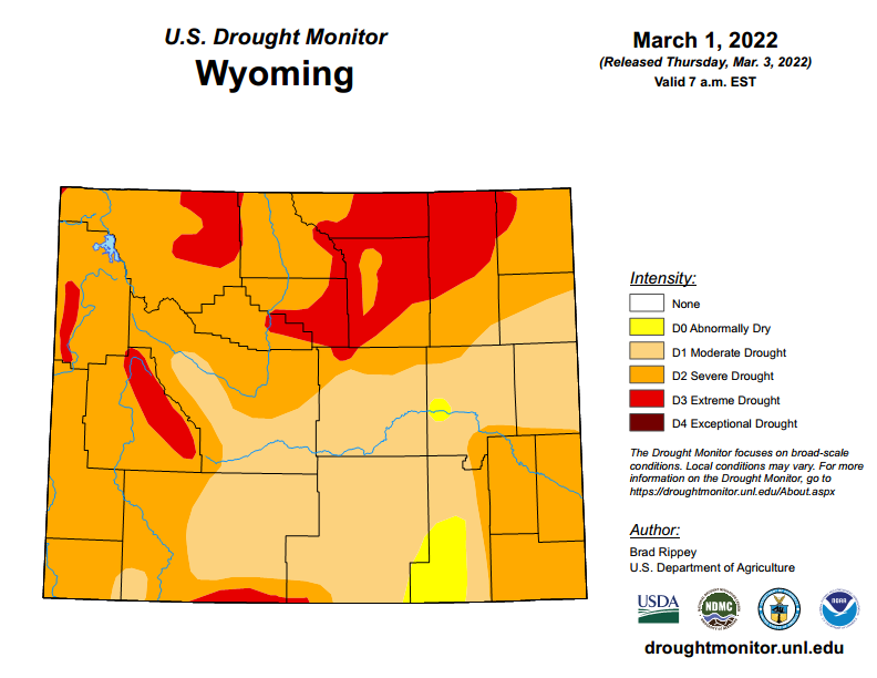 Map showing levels of drought across Wyoming