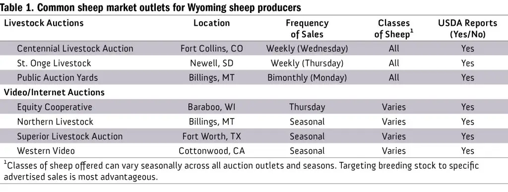 Table 1. Common sheep market outlets for Wyoming sheep producers
