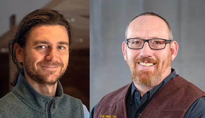 portrait photos of two smiling men wearing vests