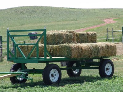 green hay wagon loaded with square bales