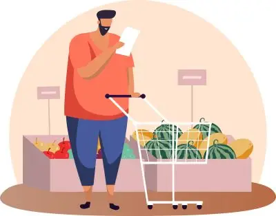 reviewing their list at the grocery store