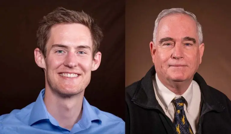 portraits of two smiling men, one wearing a blue shirt and one wearing a vest over a white shirt and brown and gold tie
