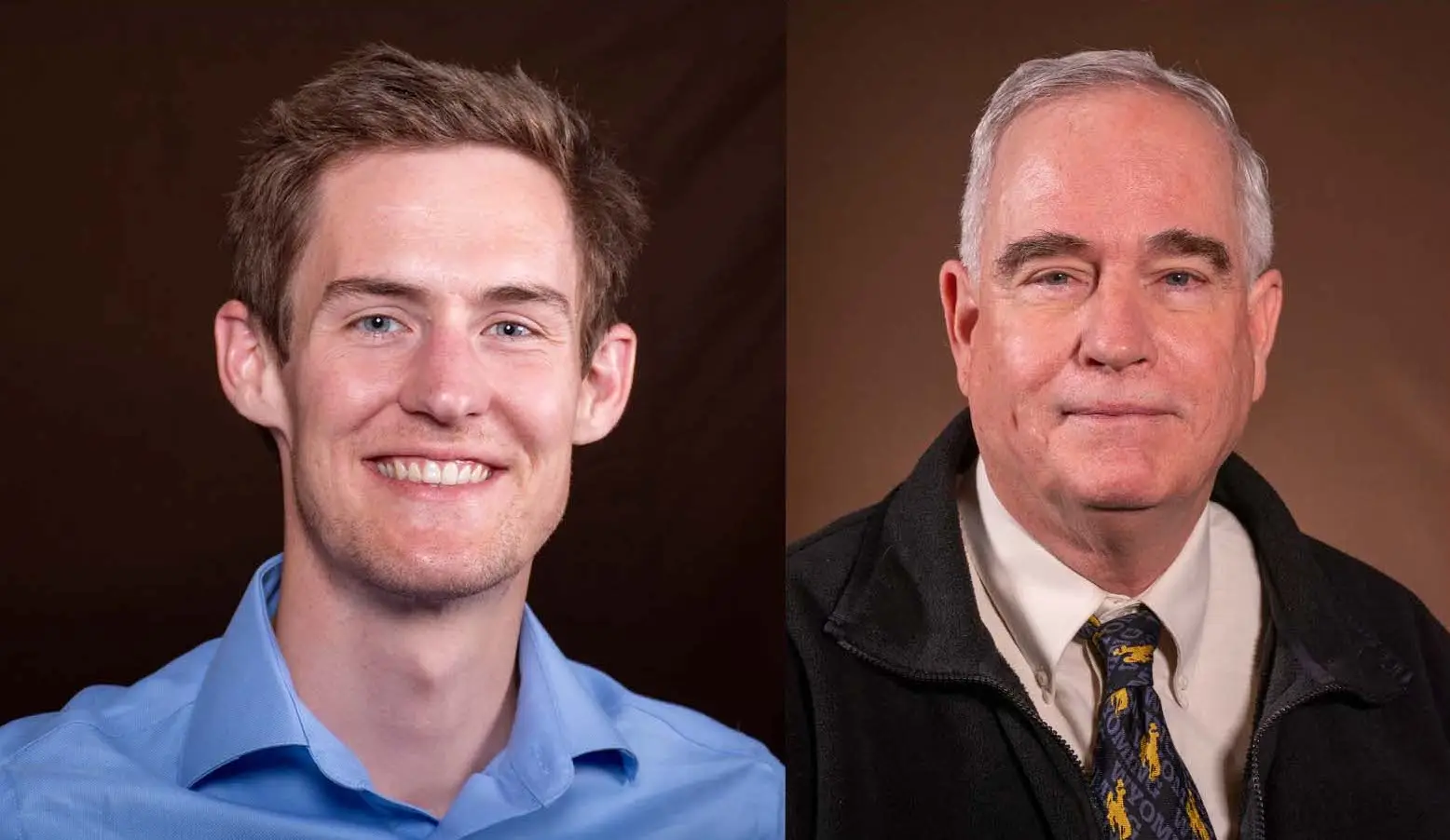 portraits of two smiling men, one wearing a blue shirt and one wearing a vest over a white shirt and brown and gold tie