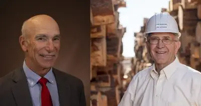 headshots of man wearing tie and suit jacket and man wearing white hardhat and collared shirt