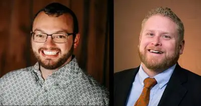 headshots of two smiling men, one wearing glasses and the other wearing a red tie