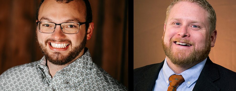 headshots of two smiling men, one wearing glasses and the other wearing a red tie