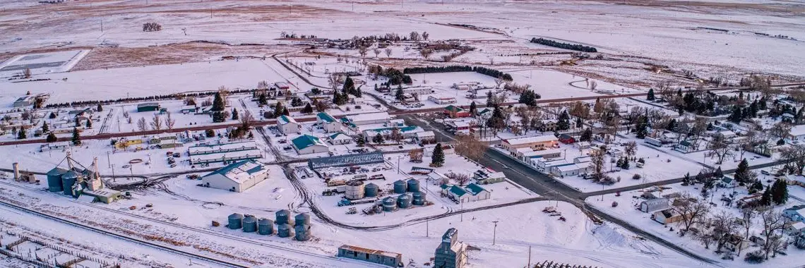 Aerial View of La Grange, Wyoming during Sunset in Winter