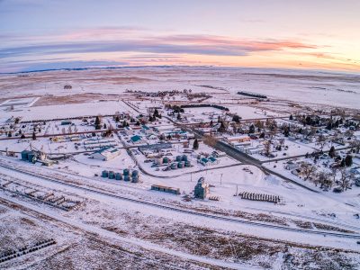 Aerial View of La Grange, Wyoming during Sunset in Winter