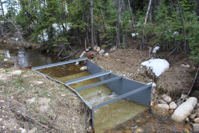gray metal flume placed across an irrigation ditch equipped with telemetry devices for flow measurement and bordered by pines and a patch of snow