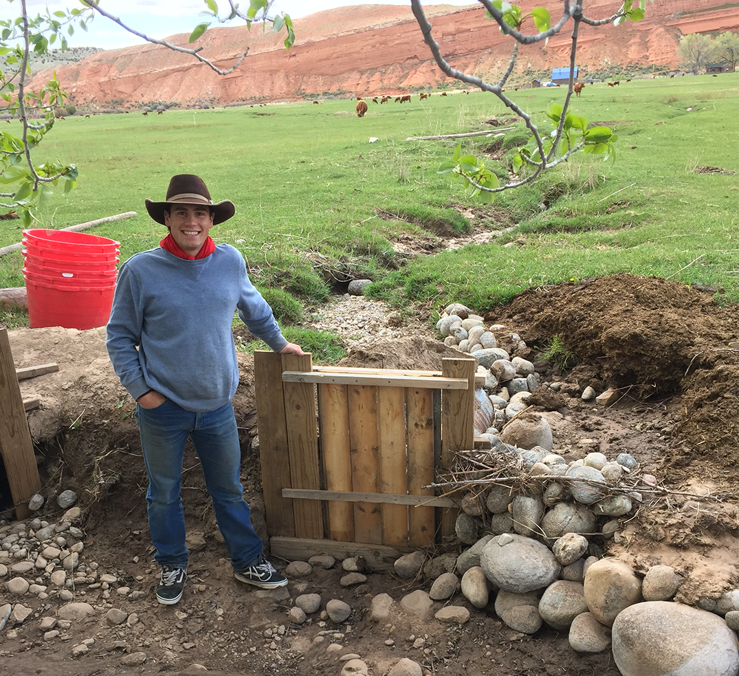 man wearing cowboy hat and jeans stands beside wooden gate and rocks in an irrigation channel. Cows graze on green grass bounded by a red butte in the background.