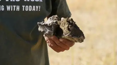 close up of hand holding a chunk of alkaline soil