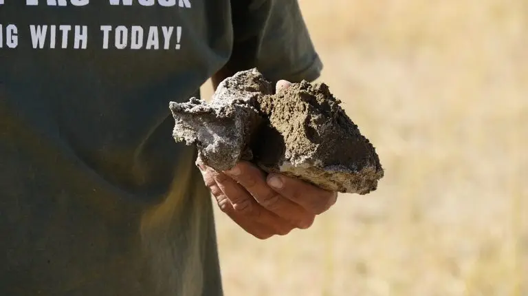 close up of hand holding a chunk of alkaline soil
