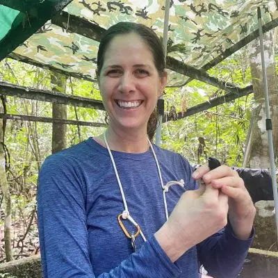 Woman wearing long-sleeved blue shirt holds small blackish blue bird while standing under a structure covered with camouflage fabric