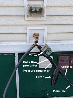 hose with timer, backflow preventer, pressure regulator, and filter attached.