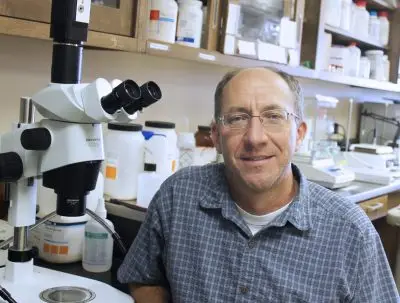 man wearing glasses and blue checked shirt sits in a lab beside a microscope