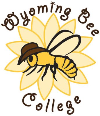 Wyoming Bee College logo with yellow bee wearing a brown cowboy hat in front of a yellow flower