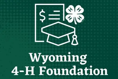 forest green banner with 4-H clover logo, white outline of a graduation cap, and outline of a sheet of paper with three horizontal lines and dollar sign. Text reads Wyoming 4-H Foundation awards more than $64,000 in scholarships.