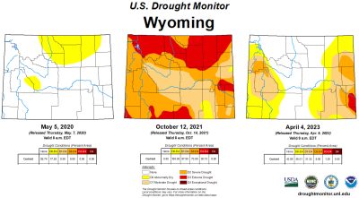Three maps from the U.S. Drought Monitor showing drought conditions across Wyoming counties in May 2020, October 2021, and April 2023. Drought conditions are worst on the October 2021 map with all of the state experiencing some level of drought conditions.