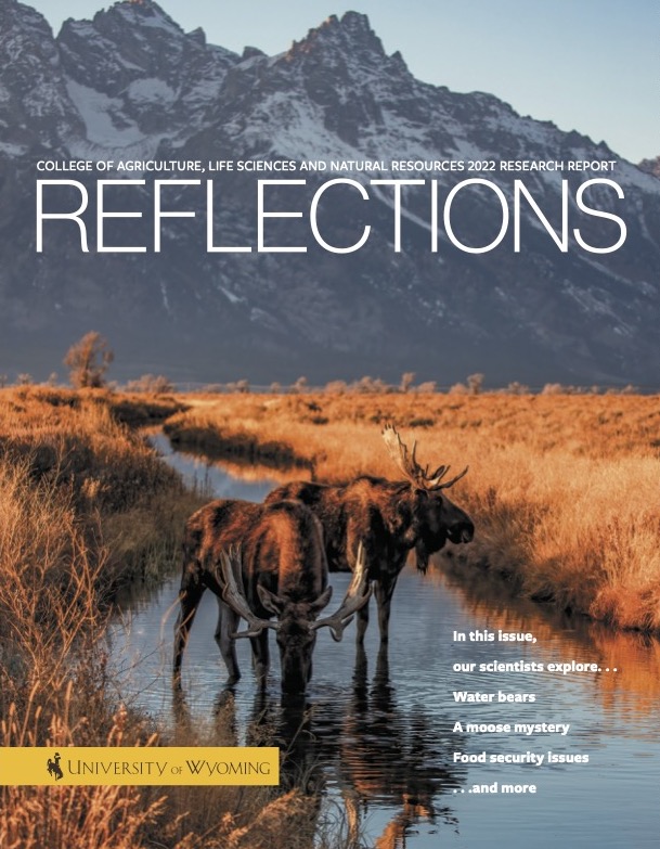 cover of Reflections magazine with two moose standing in a creek with craggy snow-dusted mountains in the background.