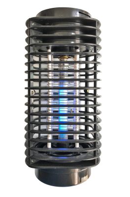 cylindrical device with glowing blue tube in the center, designed to zap bugs using electricity