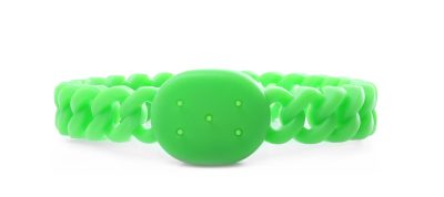 neon green bracelet made of rubbery material in a braided chain pattern with a disk in the middle