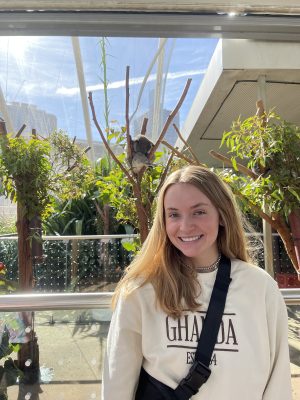 A smiling white woman with shoulder length brown hair standing in front of a exhibit, one of which has a koala in it.