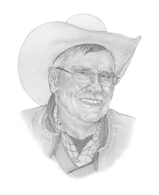 A grayscale drawing of an older white man with glasses wearing a cowboy hat.