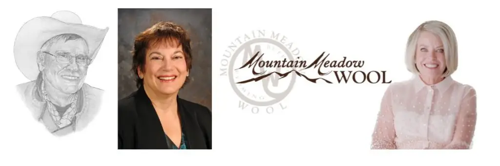 pencil sketch of man with cowbo hat and classes, photo of woman with dark ahair and black blazer, logo for Mountain Meadow Wool Mill in Buffalo, and a portrait of a woman with short blond hair wearing white collared dress