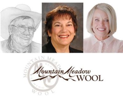 pencil sketch of a man wearing glasses and a cowboy hat, portrait of a woman with short dark hair and black blazer, and portrait of smiling blonde woman wearing white collared dress. Beneath the three portraits is a Mountain Meadow Wool mill logo.
