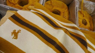 wool blanket with white, gold, and brown stripes, adorned with Wyoming cowboy logo and surrounded by boxes of yellow roving