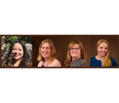 Four headshots of women. L-R, a woman with a round face, light olive toned skin, and medium length black hair with curls. A woman with shoulder length straight blonde hair and pale skin. A woman with medium length orange straight hair with bangs and glasses and pale skin. A woman with medium length blonde straight hair with pale skin.
