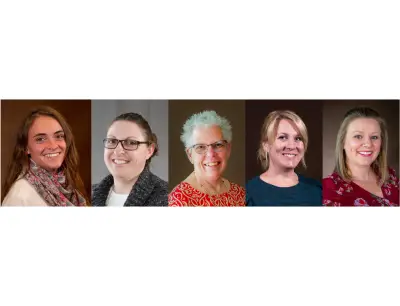 Five headshots of women. Left to right, a woman with long brown hair and tan skin wearing a scarf. A woman with brown hair in a bun and pale skin with glasses wearing a gray cardigan over a white shirt. A woman with short spiky gray hair, pale skin, and glasses, wearing a bright red patterned shirt. A woman with blonde hair in a bun, a nose ring, and pale skin wearing a blue shirt. A woman with shoulder-length brown hair with blonde highlights and pale skin wearing a red shirt with flower patterns and red lipstick.