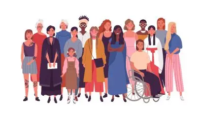 A graphic of many different women. L-R, young white woman with tattoos, older white woman with glasses, elegant young woman with dark hair, older woman in a frumpy outfit, young mother with long black hair and her daughter with short brown hair, young black woman with locs in a bandana wearing white round glasses, white woman with long dirty blonde braids, white woman wearing pearls and curly red hair, young woman with brown skin and long wavy hair in a blue sari, young white woman with bobbed light brown hair, white woman with short brown hair in a wheelchair, young black woman with buzzed hair and glasses, woman in a traditional Japanese obi with long black hair and earrings, white woman with straight red hair, white woman with long blonde hair.