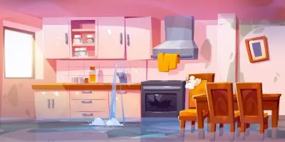 A kitchen that is filled with about a foot of water from a sink that is gushing water. The oven appears broken. There is a crooked picture on the wall. There are several heavy wood chairs and a table, one of which has foam coming out of its backing. The cabinets are filled with a couple of jars.