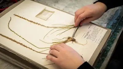 Two hands use a tweezer to adjust two pressed plants on a large sheet. Both plants have narrow leaves that come out of the base, a little root is visible, and a large flower stalk with tiny seeds comes out of both.