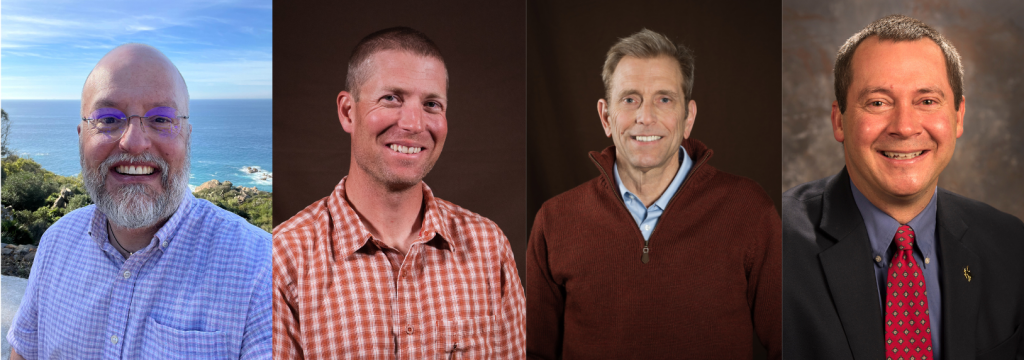 Four headshots of smiling white men. Left is bald with a graying beard and glasses; the background is ocean. Next to the right has cropped short hair and is wearing a checked orange polo shirt. Next to the right has short gray straight hair, a dark red sweater over a blue collared shirt. Final has short gray hair and is wearing a suit with a red tie.